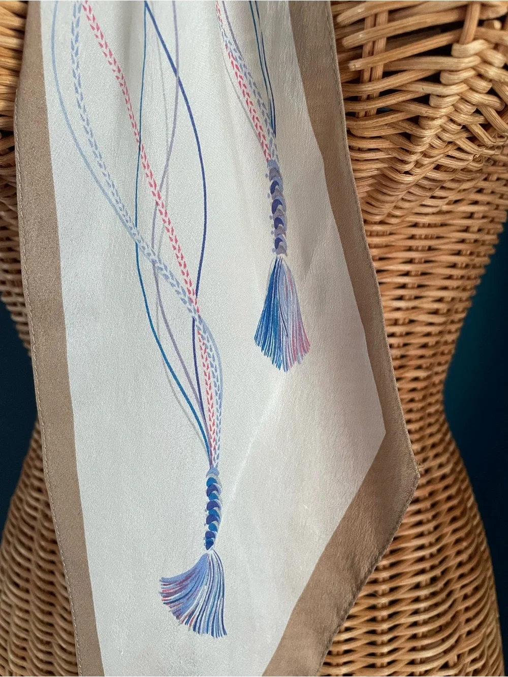 Paul Renard Vintage Silk Scarf Cream Beige Blue Tassel Print Pointed Edge